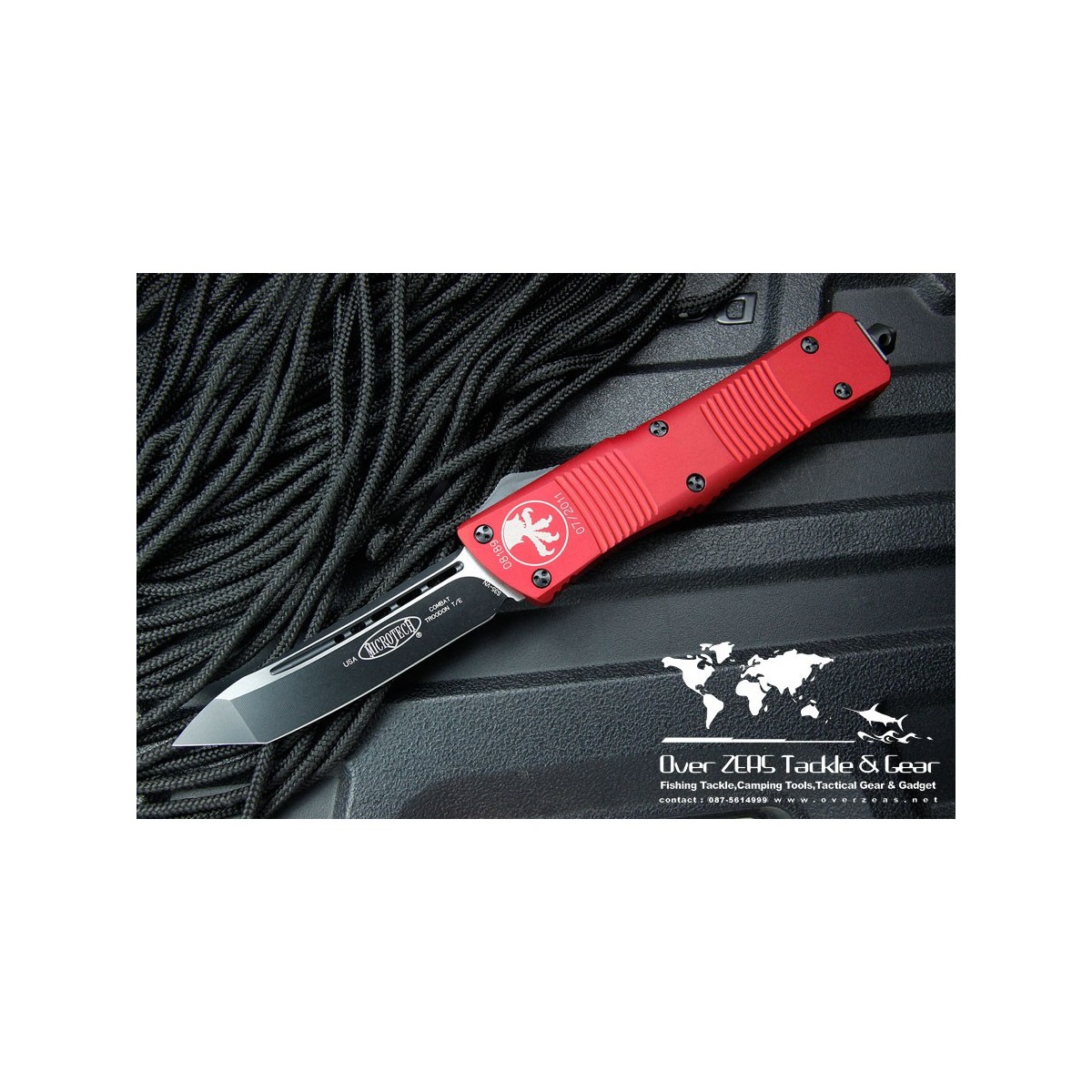 มีดออโต้ Microtech Red Combat Troodon Tanto OTF Knife (3.8" Black Plain) 144-1RD