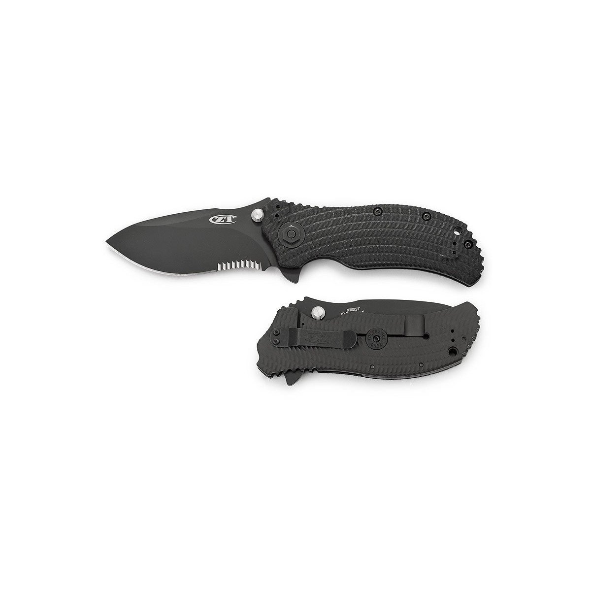Zero Tolerance (ZT) Model 0300ST Assisted 3-3/4" S30V Combo Blade, Black G10 and Titanium Back Handles