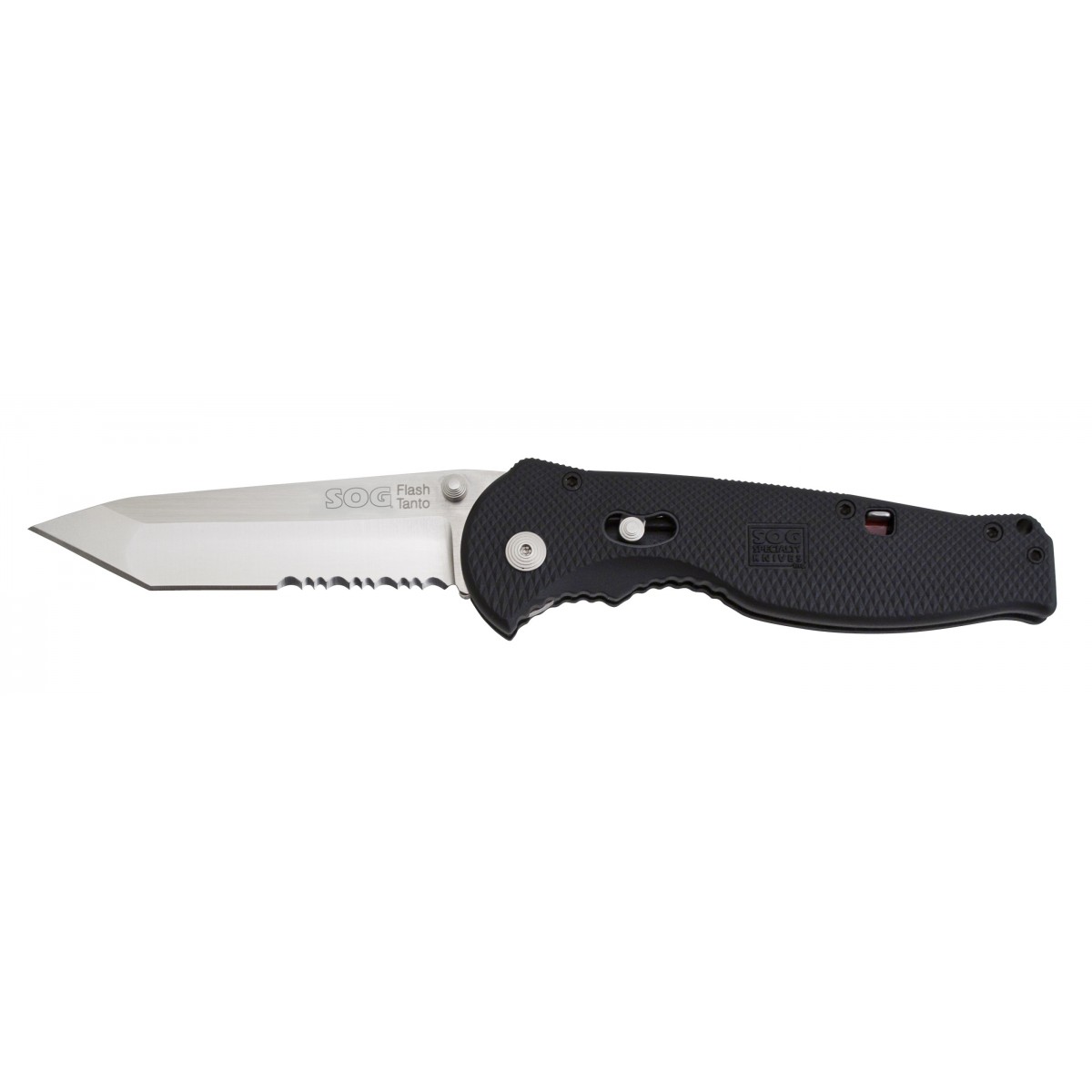 มีดพับ SOG Flash II FSAT98 Folding Knife Assisted 3.5" Satin Combo Tanto Blade, Black GRN Handles