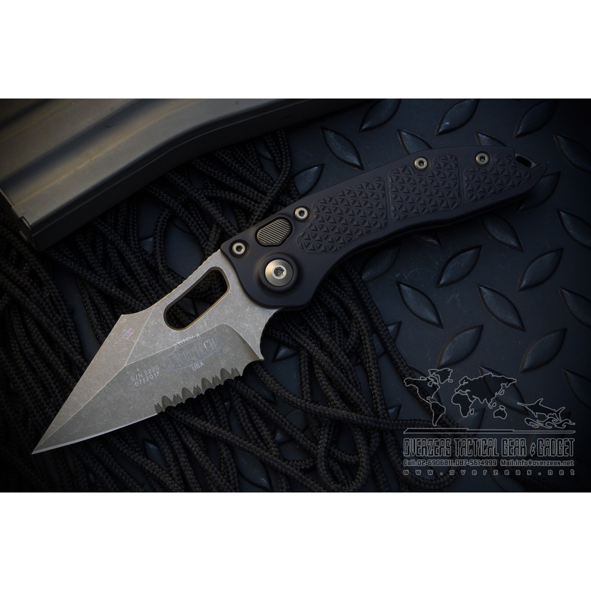 มีดออโตเมติค (Side opening) Microtech Stitch Automatic Knife Black (3.75" Bronze Partial Serrate Apocalyptic),169-14