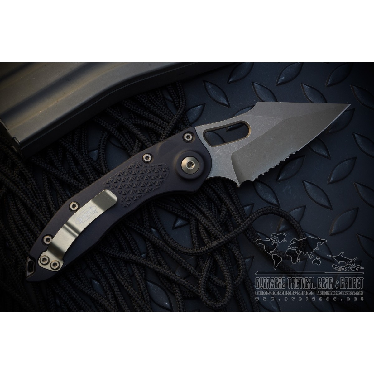 มีดออโตเมติค (Side opening) Microtech Stitch Automatic Knife Black (3.75" Bronze Partial Serrate Apocalyptic),169-14