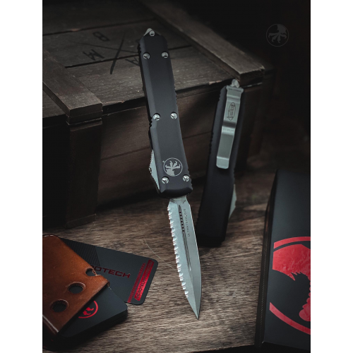 มีดออโต้ Microtech Ultratech D/E OTF Automatic Knife CC (M390 3.4" Stonewash Full Serrate),122-12