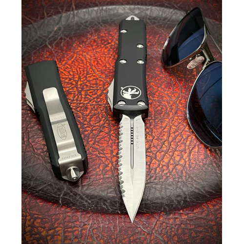 Microtech UTX-85 D/E OTF Automatic Knife CC Black Full Serrate (M390 3.125" Stonewash),232-12